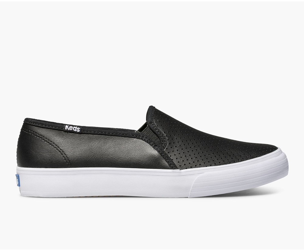 Keds Slip Ons Black - Double Decker Perf Leather - Womens JPWVDR-708